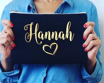 Black Cosmetic Bag , Monogram Bag , Makeup Organizer , Bridesmaid Gift , MakeUp Bag , Custom Name Pouch , Gold Foil , Gift for Her
