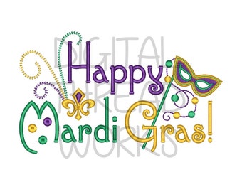 Happy Mardi Gras Embroidery Design Instant Download for 4x4 5x7 and 6x10 inch hoops. Mask Beads Fleur de lis ITEM# HMGMB01