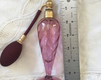 DeVilbiss PERFUME Automizer BOTTLE - Antique Art Deco Cranberry Iridescent Glass Signed