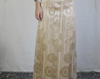 70s Gold Floral Maxi Skirt // Vintage NYE Groovy New Years Cream Brown Long Skirt // Size: XS