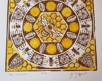 Bee Mandala - original hand-pulled linocut, hand-coloured and gilded; 15 x 15 cm image; unframed