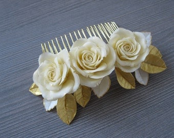 Ivory wedding hair comb Wedding Rose gold hair comb Rose hair comb Bridal hair comb Rose gold hair accessories Gold hair piece Bridal comb