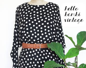 80s Vintage St Gillian Silk Black & White Spotty Batwing Blouse with Frills