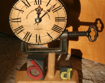 Antique Vise & Wood Letterpress Type Clock - 6d