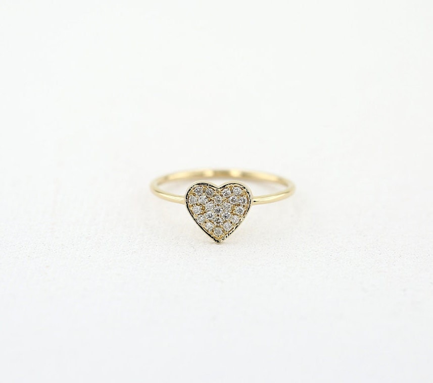 Heart Shaped 14K Gold Diamond Ring/ Thin Dainty Gold Band Diamond Stacking Ring/ Made to Order Gold Heart Shaped Diamond Ring/ R11021