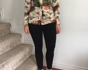 1970s Boho Button Down Shirt with Green & Maroon Foliage Print
