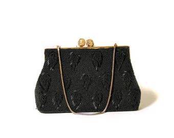 60s Black Beaded Evening Bag, Black Sequin Purse, Beaded Black Handbag, Black Beaded Clutch, 1960s Beaded Bag, Beaded Opera Bag