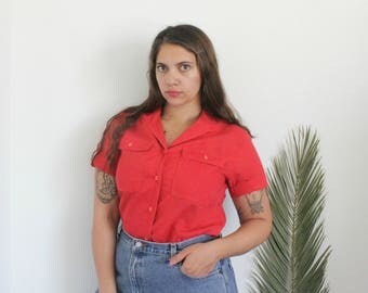 1970s Lipstick Red Christian Dior Blouse | Vintage Cotton Linen Ramie Button Down Blouse | Large L