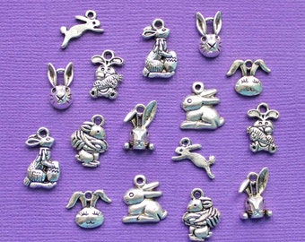Easter Bunny Charm Collection Antique Silver Tone 16 Charms - COL287