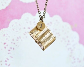 Personalized Book Necklace - Monogram Book Jewelry - Book Lover - Librarian Gift - Teacher Gift - Book Charm - Personalized Jewelry