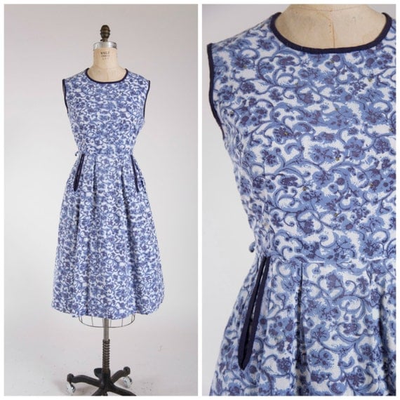Vintage 1950s Dress Fond Farewell Blue Printed Cotton 50s