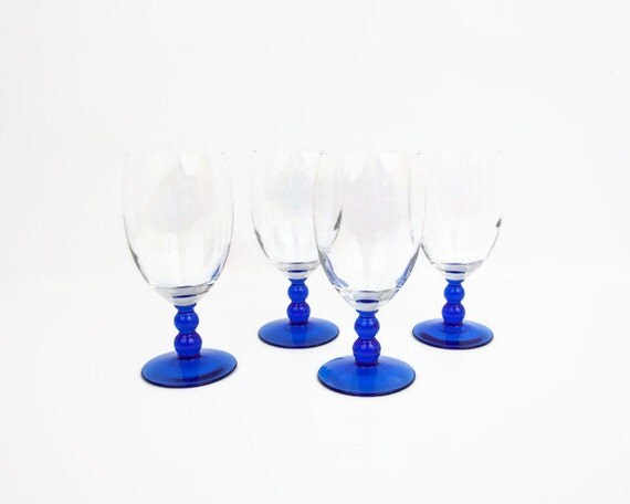 Vintage Crystal Goblets Cobalt Blue Double Ball Stems Set Of 4