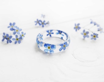 Pressed flower jewelry forget me not ring/for/her wedding bands womens ring anniversary ring forget me not jewelry resin ring terrarium ring