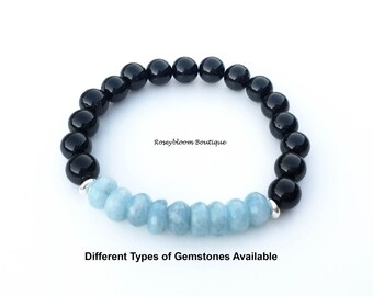 Aquamarine Bracelet-Throat Chakra Bracelet-Black Tourmaline Bracelet-Sterling Silver Bracelet-Natural Genuine Blue Black Gemstone Bracelet