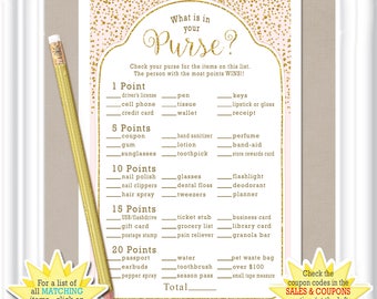 WHAT is in your PURSE? Bridal Shower game in a soft blush/pink color with gold accents, diy PRINTABLE bridal game, Bachelorette game, 29BR