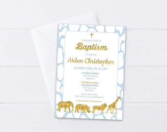 Blue Safari Baptism Invitation, Boys Christening Invite, Gold Foil Safari Animals, Baby Blue & Gold Safari Theme, 4x6 or 5x7- Digital File