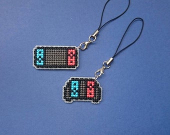 Nintendo switch neon blue and red inspired cross stitch phone accessory charm travelers notebook journal planner zipper bag charms.