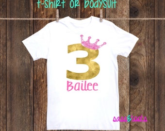 Princess Birthday Shirt Personalized Custom Age Name Pink Gold Princess Party Tiara Little Girl 1st 2nd 3rd 4th 5th 6th 7th 8th 9th birthday