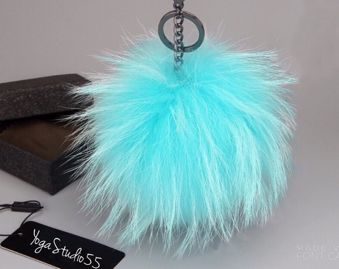 NEW GunMetal™ Blue Color Raccoon Fur Pom Pom bag charm keychain keyring puff fluffy chain