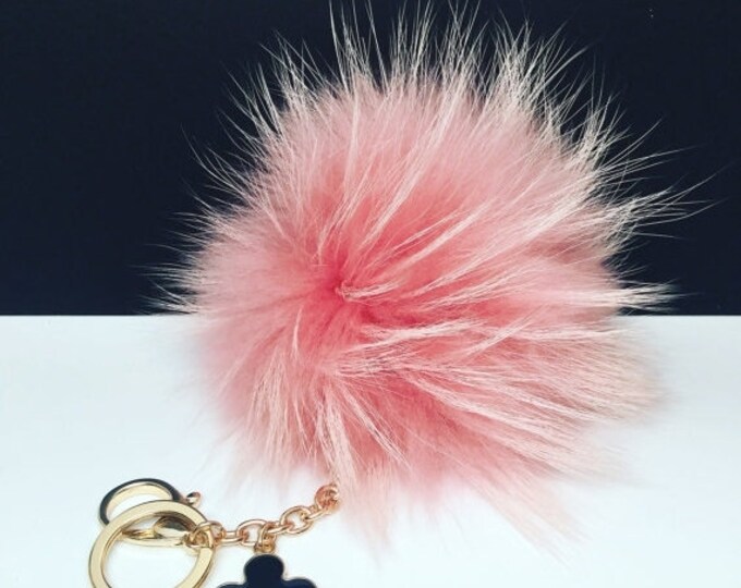 Dusty Pink with natural markings Raccoon Fur Pom Pom luxury bag pendant + black flower clover charm keychain