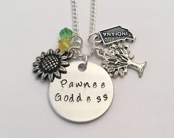 Pawnee Goddess Leslie Knope Ann Perkins Amy Poehler Parks and Rec Inspired Hand Stamped Charm Necklace