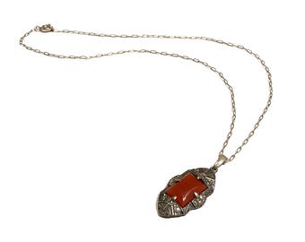 Art Deco Carnelian Necklace, Silver Marcasite Pendant Necklace, Pot Metal, Open Back, 1920s Art Deco, Antique, Vintage Jewelry