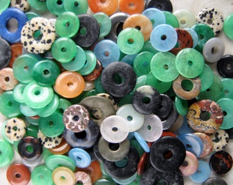 Gemstone Donut Rings - Lot of 12 Carved & Polished Stones, Random Assorted Semi-Precious Gems and Sizes - Beads, Jewelry Making Supplies