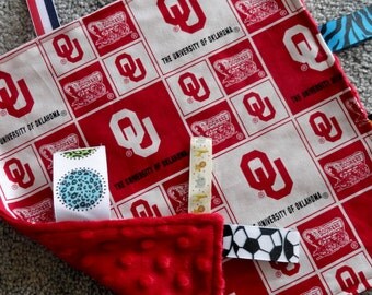 Oklahoma Sooners Baby Lovey Blanket, Baby Shower Blanket, Red Minky Fabric, Sensory Lovey/Blanket, I Spy Blanket, Oklahoma Baby, Baby Lovey