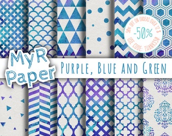 Watercolor Digital Paper: "Purple, Blue and Green" for scrapbooking, invite, card – damask, triangles, dots, chevron, hexagons