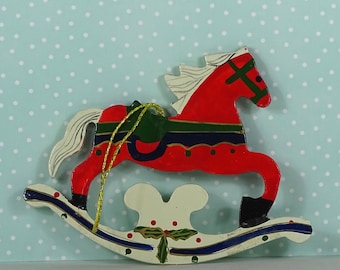 Vintage rocking horse Christmas ornament red white wood 1970s