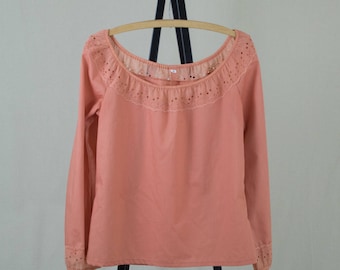 Vintage Womens Small 70s Coral Peasant Top Shirt