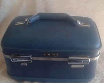 Vintage Blue Train Case, Makeup Case, Small Blue Suitcase, Blue Luggage, American Tourister