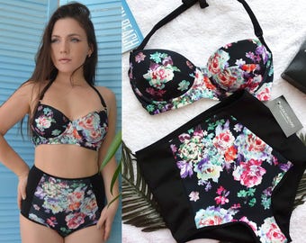 High waisted bikini swimsuit set / High waisted Swimsuit / Padded bikini / Floral bikini / Plus size bikini