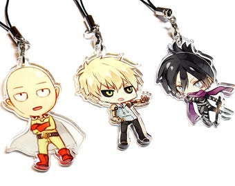 Saitama, Genos, Sonic - One Punch Man Hand-Drawn Double Sided Front & Back Anime Acrylic Charms with Phone Strap
