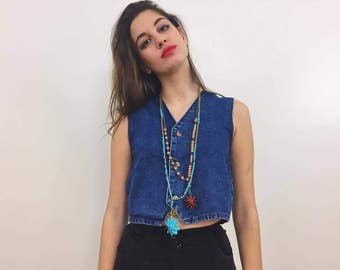 1970s Denim Vest /Cropped Denim Gilet / 70s Jeans Vest / 70's Western Fringe Tops / Gipsy Denim Gilet / Festival Jeans Vest
