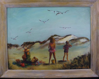 Oil Painting California Sand Dunes Beach Family Day Original 28" x 22" "Summer Sun"