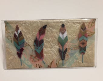 Four Multi-color feathers - Vinyl Checkbook cover,Scrapbook style,Duplicate or Single Checks,Ready to Ship
