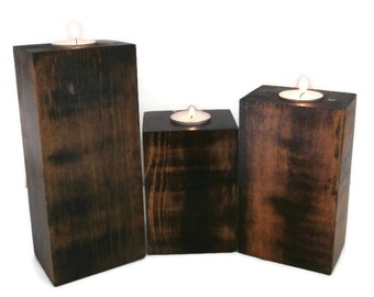 Walnut Stain Wood Candle Holder Sets with Tea Lights-3 Pc Set of Rustic Candle Holders for Your Rustic Home Decor-Pallet Wood Candleholder