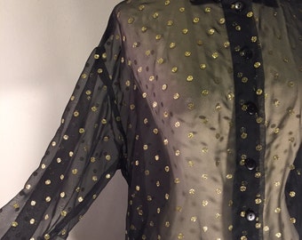 Vintage sheer black and gold polka dot blouse/button down/Size: