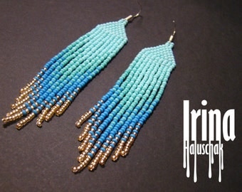 Fringe earrings,Beaded earrings, seed bead earrings, modern earrings, boho earrings, beadwork jewelry gradation from turquoise to ligyt gold