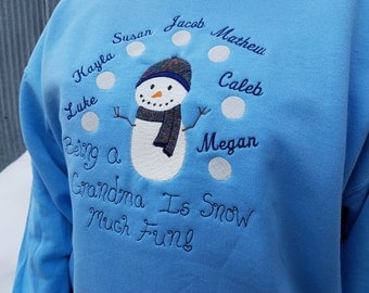 Personalized Snowman Theme Sweatshirt For Grandma - Embroidered Design With Names