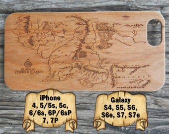 Middle Earth Map, iPhone 7/7P 6/6s 6P/6sP 5/5s/5c 4/4s, Galaxy S7/S7e S6/S6e S5 S4, Laser Engraved Wood Phone Case, Lord of the Rings