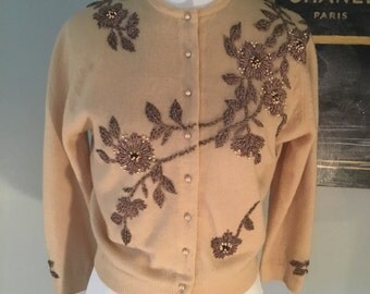 60s beaded sweater, pale cocoa with chocolate beading
