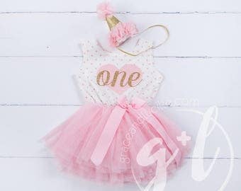First Birthday outfit, First Birthday Dress, Pink and gold birthday outfit, 1st birthday outfit, 1st birthday dress, polka dots, heart