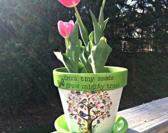 Personalized teacher flower pot, custom planter, painted terracotta, decoupage, teacher appreciation gift,message tree pot, 5" tall.