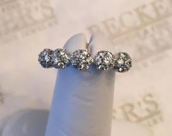 18k white gold band ring, 35 Round Diamonds .60 tw GH-VS2-SI1,2, Bead Set into 5 Floral Clusters, size 6.75