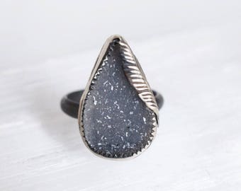 Sterling silver ring, druzy teardrop ring, white druzy ring, large statement ring, silver agate ring, size 8 ring