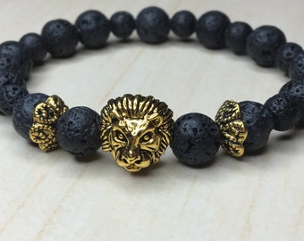 Dragon Vein Lava Lionhead Bracelet Mens Bracelet Lion King Bracelet Gift for Him Leo Bracelet Antique Golden Lion Lava Jewelry Lion Gift Leo