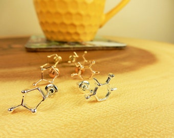 Coffee Molecule Earrings, Silver Studs, Gift for Coffee Lover, Science Jewellery, Gold Stud Earrings, Molecule Structure
