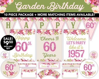 Boho Watercolor Garden 60th Birthday Decorations - 60th Birthday Decor Boho Watercolor Flowers - Printable Decor - 1957 Birthday Decor